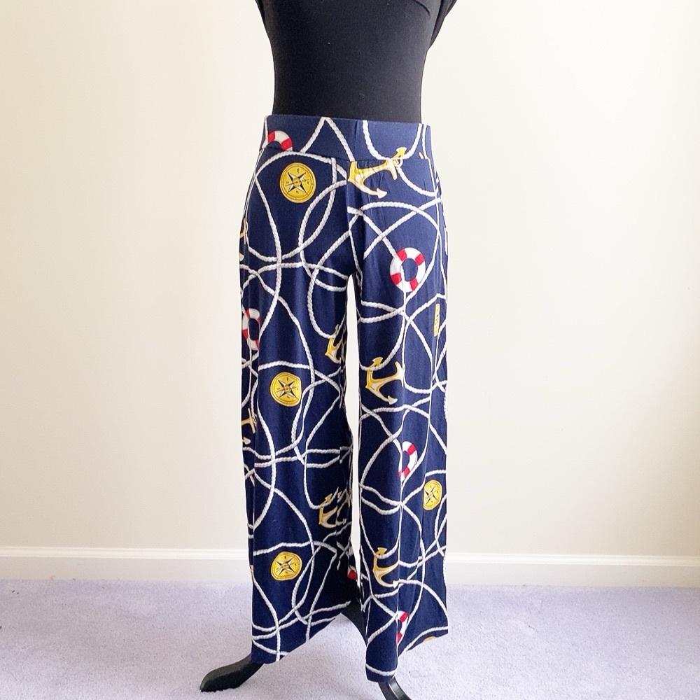 Lauren Ralph Lauren Petite Navy Blue Nautical Print Wide Leg Pants – Petite S